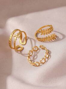 3件套18K镀金不锈钢经典光滑镂空几何图案扭纹戒指套装，花卉、叶子、几何设计，适合女性日常、节日、派对、生日、母亲节礼物 - 金色 - 查看 8