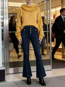 Jean évasé stretch taille mi-haute pour femme (tailles UE) - Pantalon en denim foncé à jambes larges et boutons multiples, idéal pour un style décontracté et vintage au quotidien. - Jean brut - Voir 4