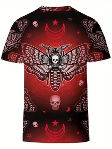 Men'S & Women'S Gothic Horror Graphic T-Shirt - Heavyweight 3D Skulls, Moths & Red Accents - Halloween Costume Party Shirt - Machine Washable Regular Fit Tee - Gothic Streetwear Top For Concerts, Everyday Edgy Outfits - Durable Fabric Unisex Apparel, Concert Outfit, Bold Print, Longlasting Design, Alternative Fashion - 混合色 - 查看 4
