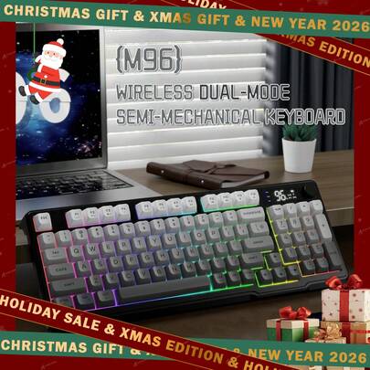 ATTACK SHARK M96 无线游戏键盘，旋钮控制蓝牙/2.4G 无线，机械手感，RGB LED 背光带显示屏，PBT 键帽，3000mAh，美式布局兼容 Win/