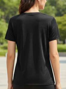 Women's Quick Dry Short Sleeve Basic T-Shirt, Classic Plain Black Activewear For Outdoor Training - Black - View 4
