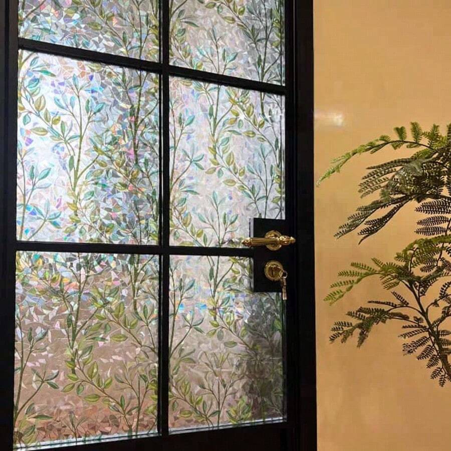 1pc Classic Green Leaf & Crescent Moon Pattern Privacy Window Film, Heat Insulation & Sun Blocking Static Cling Glass Cover. Features Shatterproof Adhesion, Suitable For Cabinet, Living Room Glass, Home And Office Use. - White - View 1