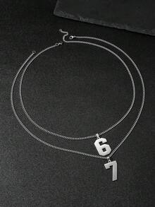 2件套简约镂空不锈钢阿拉伯数字67吊坠项链套装，配不锈钢链，时尚男士礼物，日常佩戴 - 不銹鋼數位項鍊套裝 - 查看 7