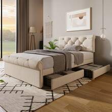 (=111297AAN) Single Upholstered Bed 90x200cm, Bed Frame With 2 Drawers And Height-Adjustable Headboard, Chesterfield Functional Bed, Natural, With Mattress - Beige - View 7