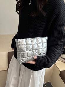 Solid Color Embroidered Mini Handbag Korean Style Folded Makeup Bag Lightweight Large Capacity Fashion Organizer Bag For Cosmetics, Lipstick, And Accessories - Silver - View 2