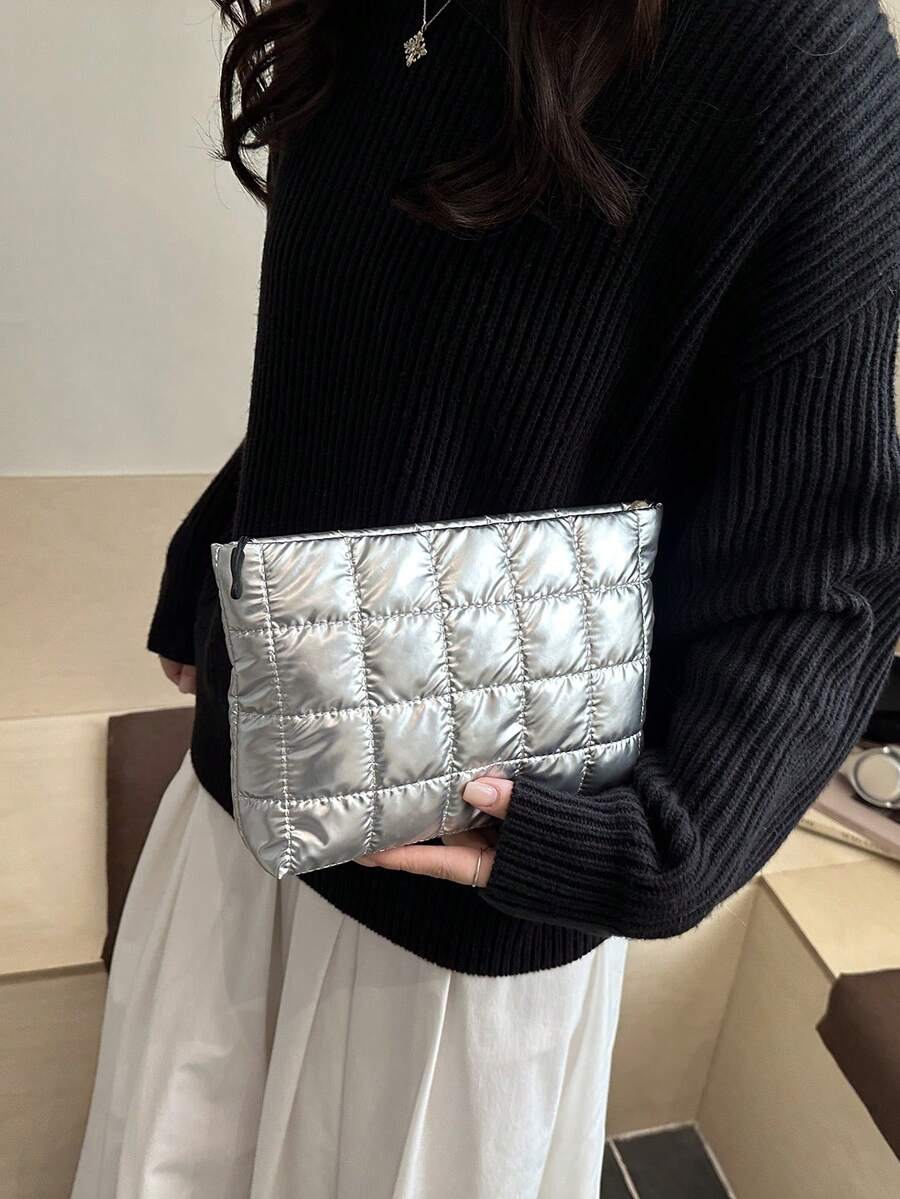 Solid Color Embroidered Mini Handbag Korean Style Folded Makeup Bag Lightweight Large Capacity Fashion Organizer Bag For Cosmetics, Lipstick, And Accessories
