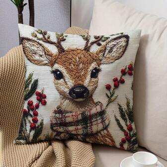 1pc Cute Christmas Reindeer Decorative Pillow Cover - Soft Plush Fabric, 2D Printing Technique (Not Embroidered), Machine Washable, Zipper Closure, Suitable For Bedroom And Living Room Decor. An Ideal Choice For Christmas Party Decoration.