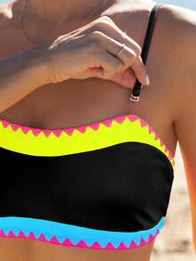 Bộ bikini quây ngực phối màu neon dành cho nữ, thích hợp cho kỳ nghỉ hè và mặc đi biển. - màu đen - Xem 4