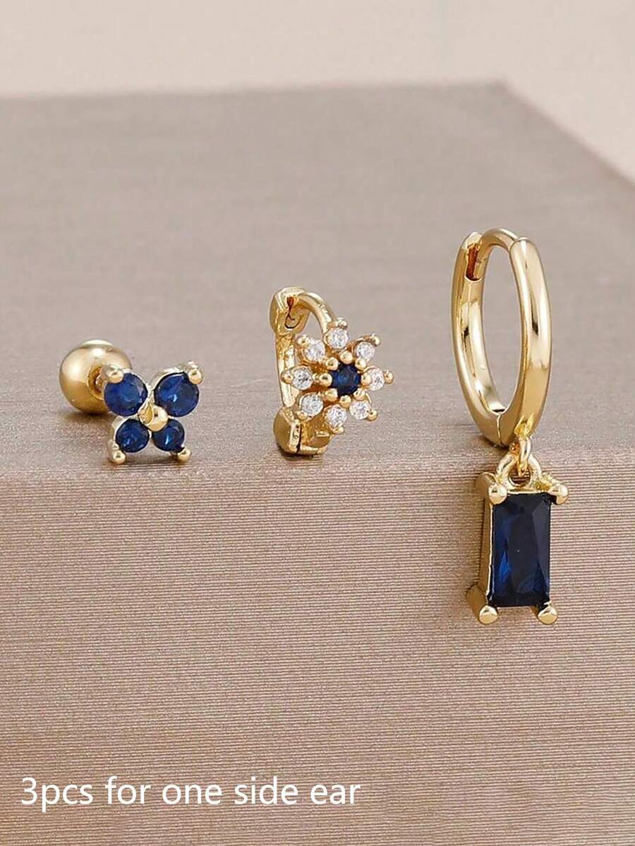 Bộ 3 khuyên tai hình bướm và hoa mạ vàng 18K đính đá Zirconia xanh, thiết kế 12 chòm sao, làm bằng thép không gỉ, không gây dị ứng, thích hợp làm khuyên sụn tai, quà tặng Valentine, quà cho mẹ, quà Ngày của Mẹ. - Vàng-22# - Xem 1