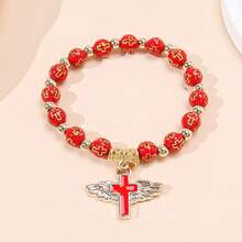 1pc Creative Fashion Acrylic Bead Wing Cross Bracelet, Oil Drop Angel Cross Beaded Elastic Bracelet - Cross - View 12