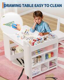 Mesa de arte infantil de 49 pulgadas, mesa grande para manualidades con 2 sillas, computadora de arte multifuncional con estantes de almacenamiento para habitación de los niños, jardín de - Blanco - Ver 4