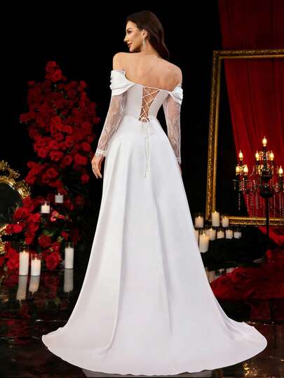 UNITHORSE 单肩蕾丝袖真丝缎长裙，白色，适合婚礼、舞会或晚会的正式礼服