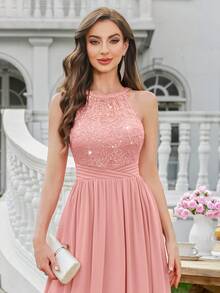 MIUSOL 亮片花卉蕾丝露背褶皱雪纺正式派对长裙，正式晚礼服，适合婚礼宾客、毕业典礼、宴会和其他场合 - 粉色 - 查看 9