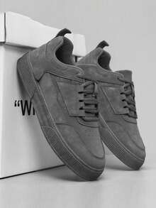 （建议选大一码）男士纯灰色系带滑板鞋，简约圆头厚底高帮运动鞋