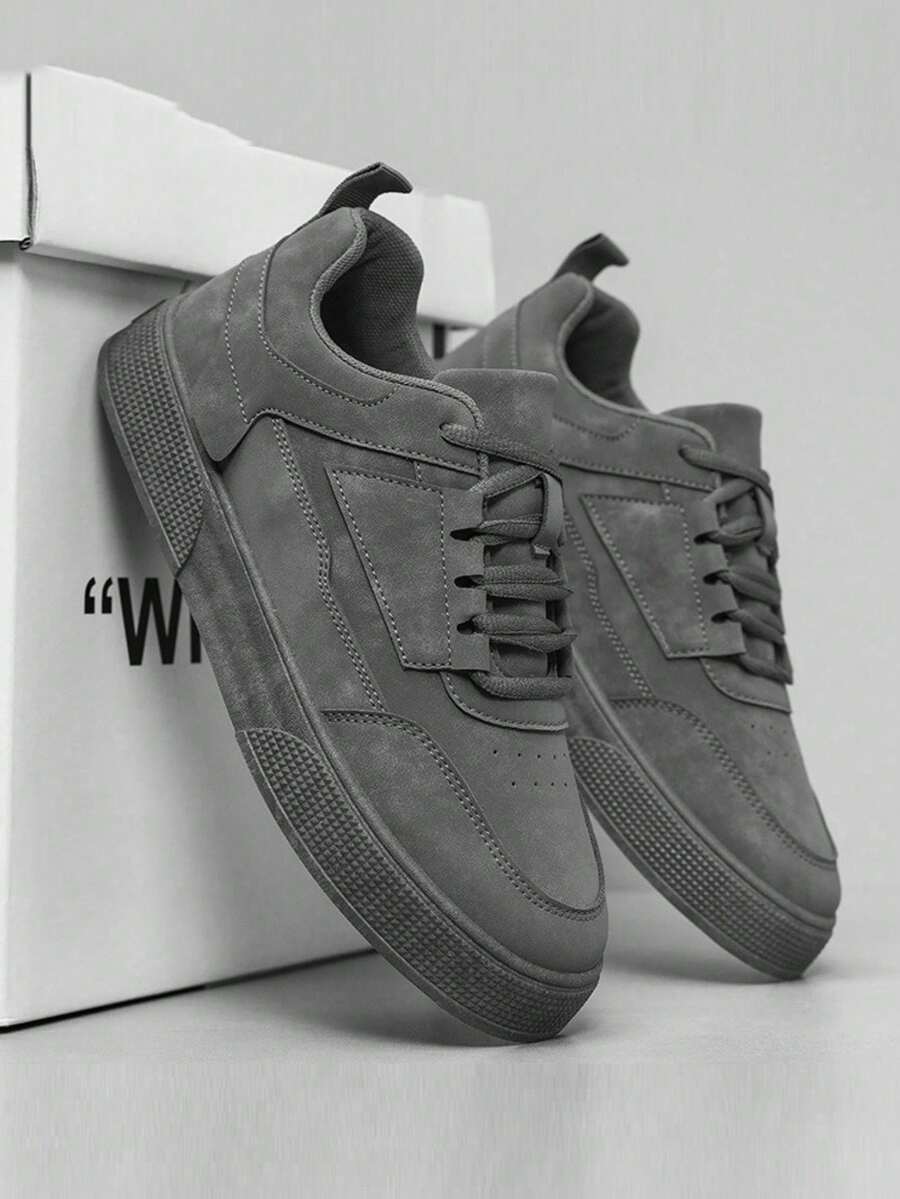 （建议选大一码）男士纯灰色系带滑板鞋，简约圆头厚底高帮运动鞋