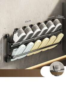Wall-Mounted Shoe Rack, No Drilling Required, Double-Layer Bathroom/Toilet Shoe Storage Rack With Drainage Function, Space-Saving Folding Design - Black - View 13