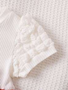 女婴时尚休闲甜美可爱樱桃刺绣蝴蝶结圆领泡泡袖连衣裙，春夏款 - 彩色 - 查看 4