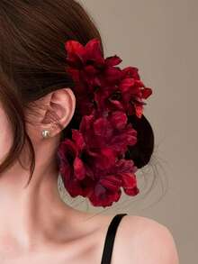 1个中式发簪 - 酒红色芙蓉花发夹，饰以红色花朵和绿色叶子，适合婚礼和日常发型，可用于发髻、辫子、马尾辫 - 传统发饰，适合亚洲发型，复古红色花朵发夹，可搭配汉服、旗袍和新娘花饰。发饰，女士发饰，伴娘礼物 - 彩色 - 查看 8