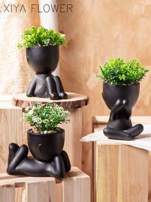 1/3pcs Artificial Succulent Plants, Single Piece Small Human Shaped Succulent Planter, 3 Styles Available, Black Vase, Cartoon Design, PP/PE Material, Green, Desktop Decor, Home Decor, Garden Decor, School, Valentine's Day Gift, Dorm, Office Decor - Black - View 6