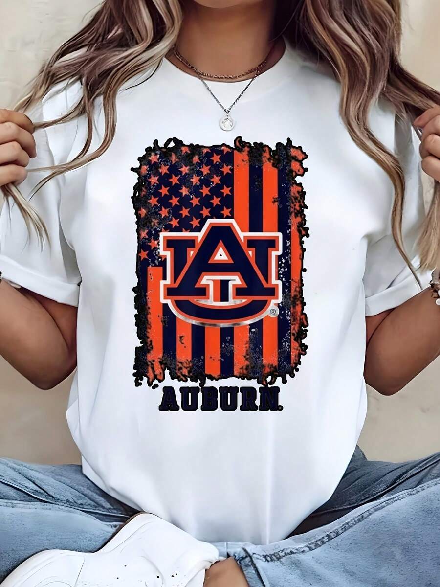 Unisex Auburn University Flag Logo Print T Shirt For Casual Wear And Sports Events Boys Girls Family Couple Outfits Perfect As Gift - trắng - Xem 1