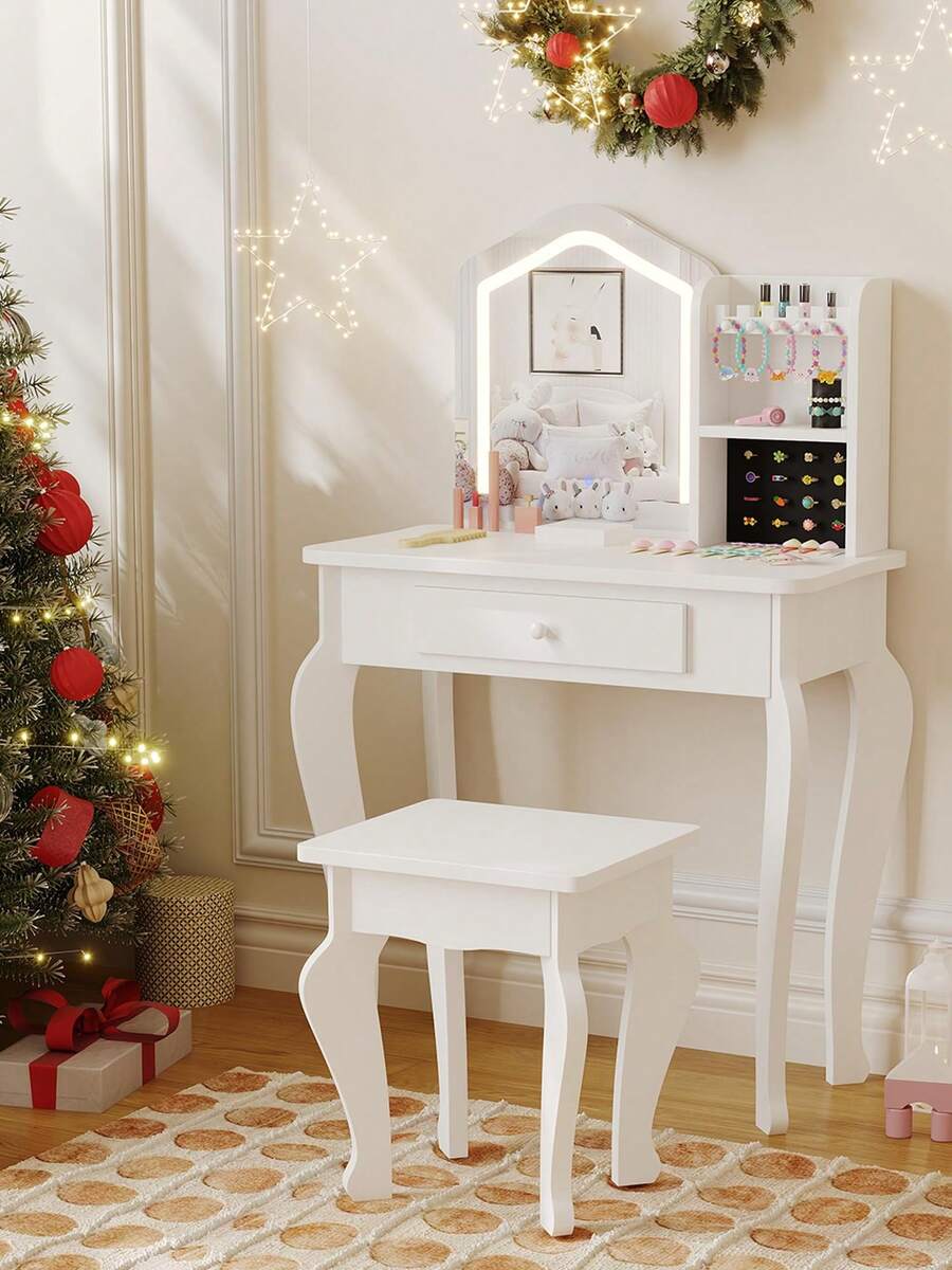 Cambiador para niños con Espejo Iluminado, Cambiador y Taburete para niña pequeña, Juego de Mesa de Maquillaje para niños pequeños y Set de Juego de Maquillaje para 3-8 niñas - Blanco - Ver 1