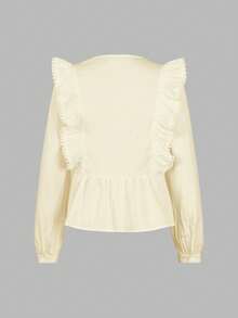 ii Plus Size Casual Solid Color Lace Patchwork Ruffle Trim Long Sleeve Top Spring - Apricot - View 5