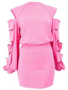 Women's Elegant Cold-Shoulder Lantern Sleeve Top & Matching Mini Skirt Set - Ideal For Office, Loungewear & Evening Dates - hồng - Xem 3