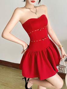 YeonC Women's Strapless Ruched Backless Rhinestone Embellished Peplum Hem Mini Dress Sexy Pure Desire Wind Valentine's Day Banquet Strapless Style - Red - View 6