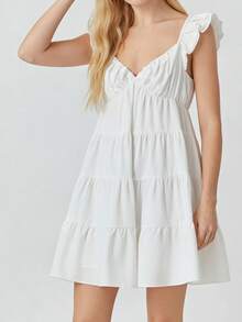 Women Tiered Mini Dress Solid V Neck Flutter Sleeve Backless A-Line Short Dress For Daily Party Club - 白色 - 查看 3