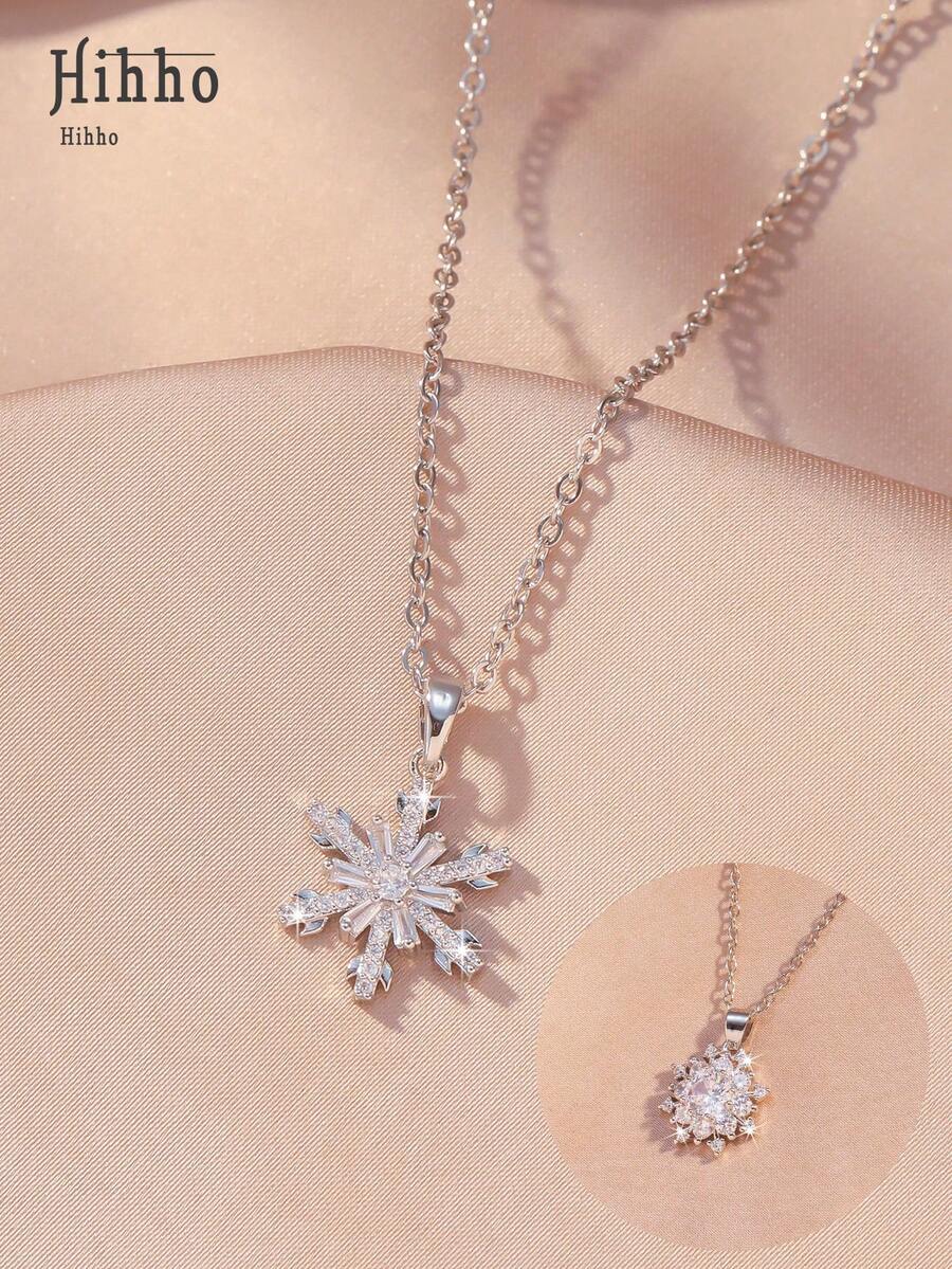 1pc Sparkling Snowflake Pendant Necklace - Hihho Brand Cubic Zirconia Encrusted Silver Chain Necklace, Elegant & Fashionable Jewelry Gift For Her, Christmas, Thanksgiving - Silver - View 1