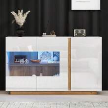 Sideboard High Glanz Kommode, White Spanplatte Mit Glas, Holzsockel, Kommode Schrank Flurschrank 138*38*90,5cm - White - View 2