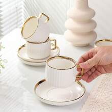 一套简约竖条纹金边陶瓷杯碟，250毫升/8.45盎司欧式咖啡杯碟，2件套/6件套优雅下午茶杯碟套装，适用于客厅、餐厅、咖啡馆、圣诞节、斋月聚会礼品 - 金色 - 查看 10