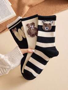 3/5 Pairs Women Cute Bear & Striped Pattern Mesh Mid-Calf Socks, Non-Slip Comfortable Crew Socks, Suitable Autumn/Winter, Random Colors, Cozy Socks - 彩色 - 查看 3