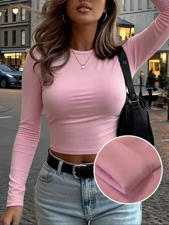 女士圆领长袖修身短款T恤，休闲日常上衣，情人节送女友礼物，适合春、夏、秋季穿着