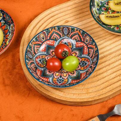 1/2/4pcs Bohemian Style Ceramic Round Plates, Bohemian Design, Available In Orange/Red/Blue/Green, Suitable For Restaurant And Home Use