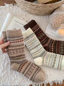 3双装女士加厚长筒袜，复古彩色休闲时尚过膝袜，秋冬款