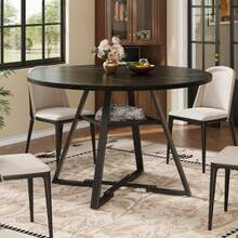 Round Dining Table (1 Piece) Kitchen Table Breakfast Table Metal Legs Marble Look Black/White - Black - View 3
