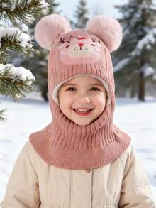 1 件儿童可爱卡通刺绣双绒球加厚防风保暖护耳护颈针织拉法帽，适合秋冬季男孩和女孩
