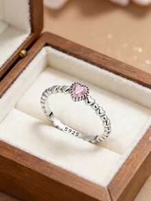 1 Piece Original 925 Sterling Silver Enchanting Pink Heart Shaped Ring Dazzling Fusion Of Romantic Design And Premium Craftsmanship. This Exquisite Piece Showcases A Delicately Carved Pink Heart Cubic Zirconia At Its Center, With A Translucent, Lustrous Finish That Catches The Light With Every Movement, Evoking Sweet, Tender Vibes. - Silver - View 2