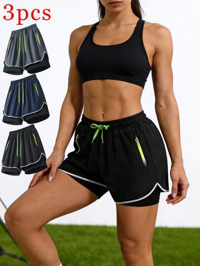 3pcs Women's Fashion Shorts, Casual Sports Shorts With Zipper Pockets, Suitable For Daily Workout And Running