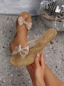 Summer New Rhinestone Bow Kitten Heel Flip Flops, Comfortable High Heel Slippers, Gentle Nude Color For Dates And Parties - Khaki - View 1