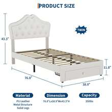 Marco de cama de tamaño individual con luces LED y cabecera de botón de vidrio de terciopelo, cama tapizada con plataforma de princesa/niña con cajón de almacenamiento, sin ruido, no necesita - Beis - Ver 2