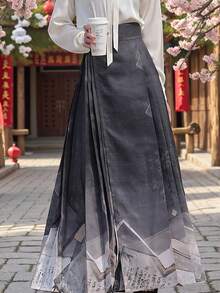 2026新年汉服 | 现代化中国书法印花压褶马脸裙 - 可调节搭扣高腰裙摆