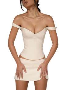 Women Crop Vest, Sleeveless Off Shoulder V Neck Solid Color Casual Party Summer Sling Tops - White - View 1