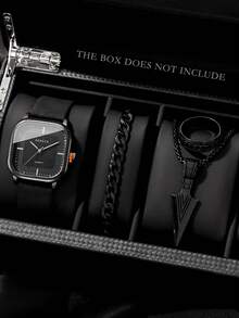 3pcs/Set Minimalist Casual Men's Quartz Watch, Blue/Brown/Black Leather Strap With Square Black Dial Quartz Watch Set. The Square Black Minimalist Dial Paired With Blue/Brown/Black Leather Straps, Comfortable And Fitting, With A Simple And Steady Style To Showcase The Elegant Elegant Of Men. - Multicolor - View 9