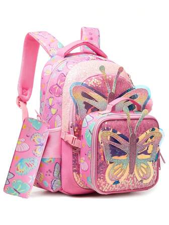 3-delat set med moderiktiga ryggsäckar för barn med PU-läder, glitter- och fjärilsdekor, slitstarka och andningsbara vadderade remmar, plyschnyckelring, matlåda som kan fästas på ryggsäcken, perfekt för skolan, resor, vandring, camping, utmärkt present till skolstart, jul, nyår, födelsedag