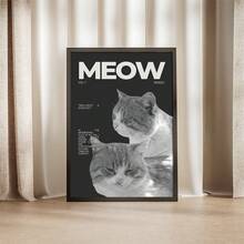 1幅“喵”复古风格猫咪眯眼帆布艺术海报 - 时尚黑白墙面装饰，适用于卧室、客厅、家庭办公室 - 耐用无框印刷，带字母装饰，卧室墙面艺术 | 时尚家居装饰 | 无框帆布画，猫咪装饰 - 彩色 - 查看 2