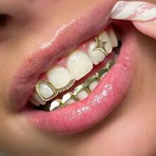 Conjunto de 3 peças de joias dentárias personalizadas e modernas em zircônia, com design de estrela de quatro pontas e barra oca. Ideal para casais e como presente de Natal unissex. - Multicolorido - Ver 6