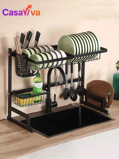 Escurridor de Platos, Escurreplatos Encima del Fregadero, Escurridor  , con Soporte para Utensilios, para Mostrador de Cocina, Inoxidable, Negro