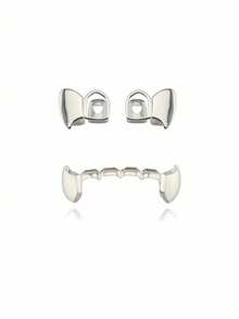 3pcs/Set Grid Hollow Fang Tooth Grillz, Simple Hiphop Style Gold Teeth Grillz Suitable For Men And Women, Everyday Wear, Party, Halloween Costume